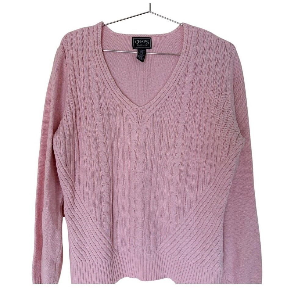 Chaps Cable Knit Sweater Women XL Pink Preppy Classic Soft Cotton Blend V-Neck